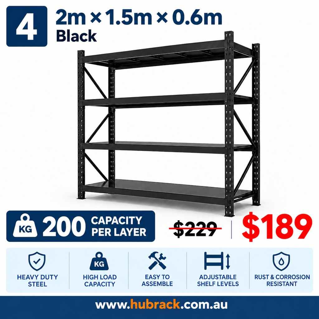 Heavy Duty Steel Garage Rack | 800kg Capacity | 4-Tier Shelving | 1.5m×2m×0.6m | Matte Black
