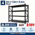 Heavy Duty Steel Garage Rack | 800kg Capacity | 4-Tier Shelving | 1.5m×2m×0.6m | Matte Black
