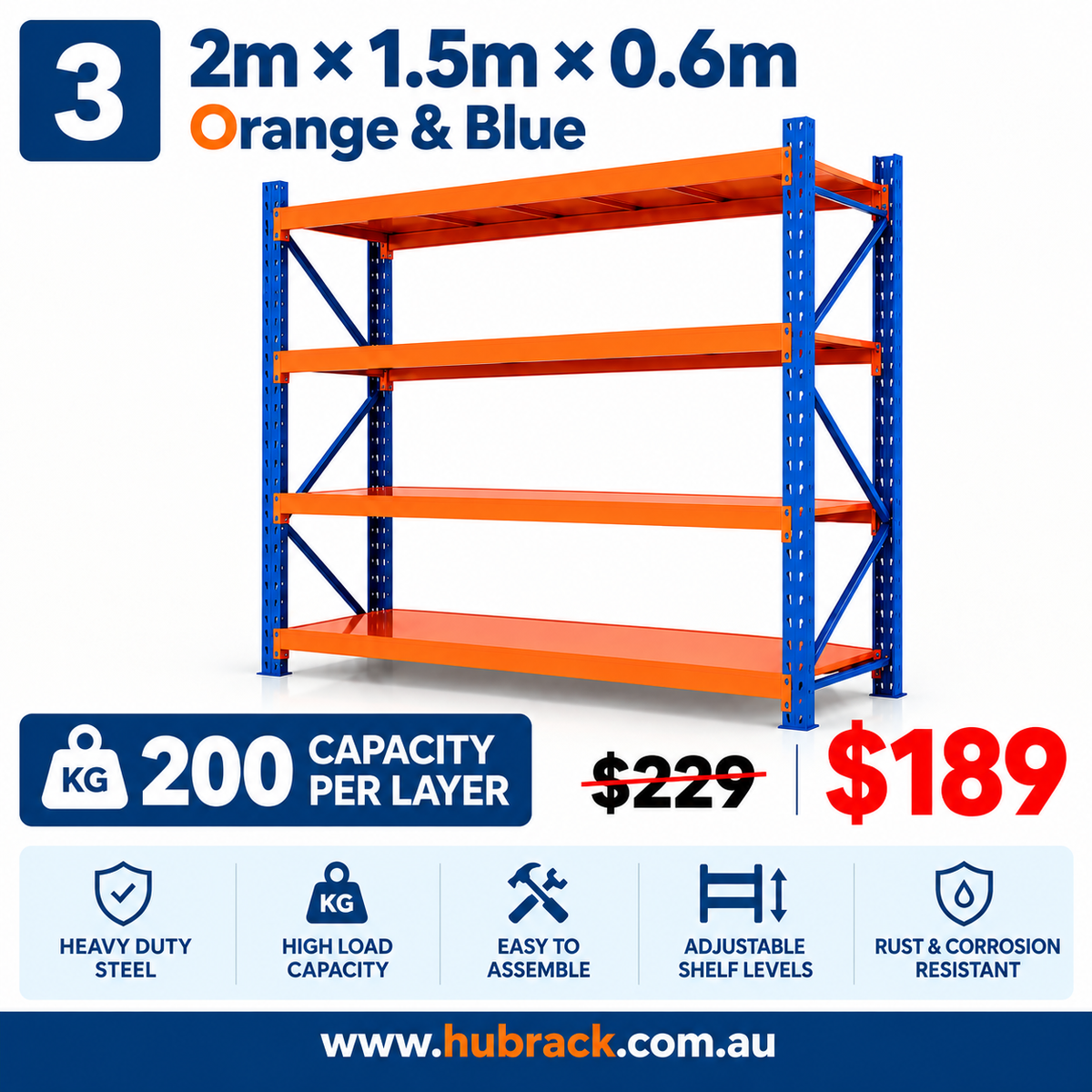 Heavy Duty 4-Tier Metal Storage Shelves | 800kg Capacity | 1.5m×2m×0.6m | Workshop & Garage | Orange & Blue
