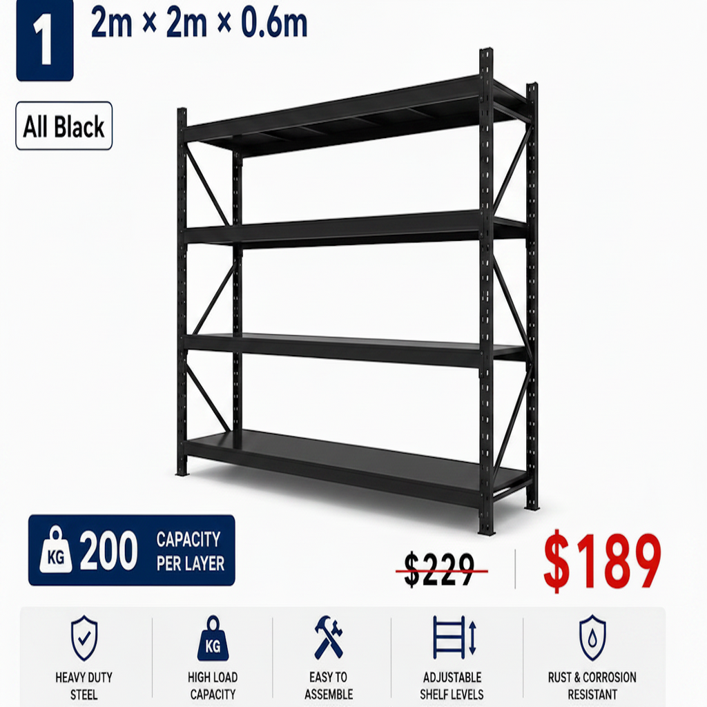Heavy Duty Garage Shelf 2m x 2m x 0.6m 200kg All Black