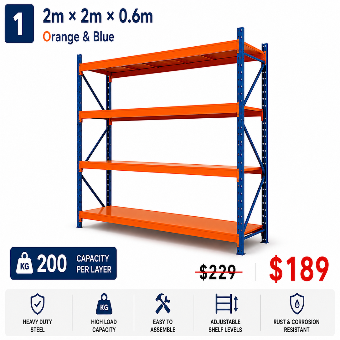 Heavy Duty Garage Shelf 2m x 2m x 0.6m 200kg Orange & Blue