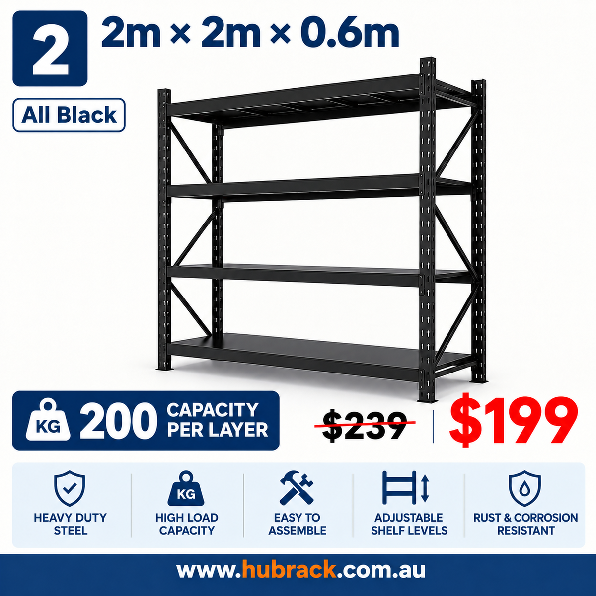 Heavy Duty 4-Tier Storage Rack | 800kg Capacity | 2m×2m×0.6m | Commercial & Home Use | Matte Black