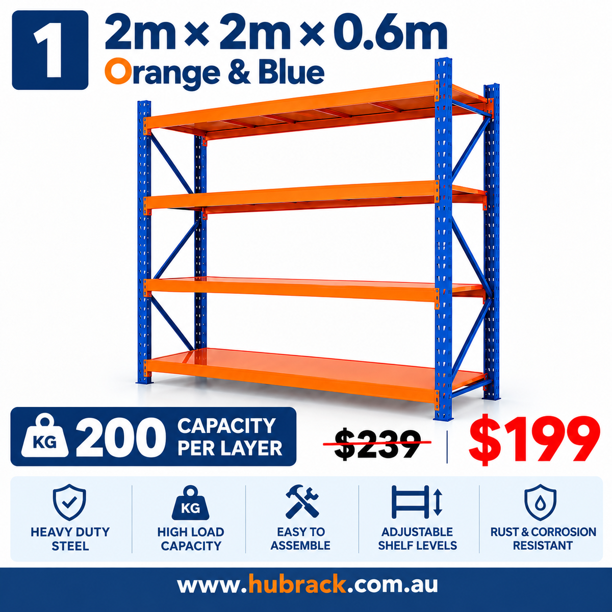 Heavy Duty Storage Shelving 2m×2m×0.6m | 200kg UDL Capacity Per Layer | Orange & Blue
