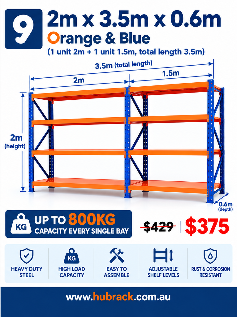 Heavy Duty Steel Shelving Set | Approx. 3.5m | Joined 2m + 1.5m Bays