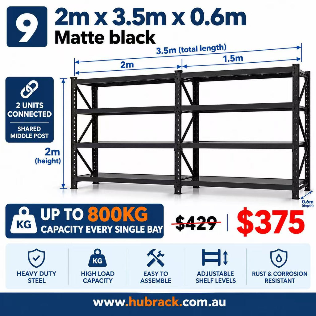 Heavy Duty Steel Shelving Set | Approx. 3.5m | Joined 2m + 1.5m Bays