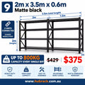 Heavy Duty Steel Shelving Set | Approx. 3.5m | Joined 2m + 1.5m Bays | Black