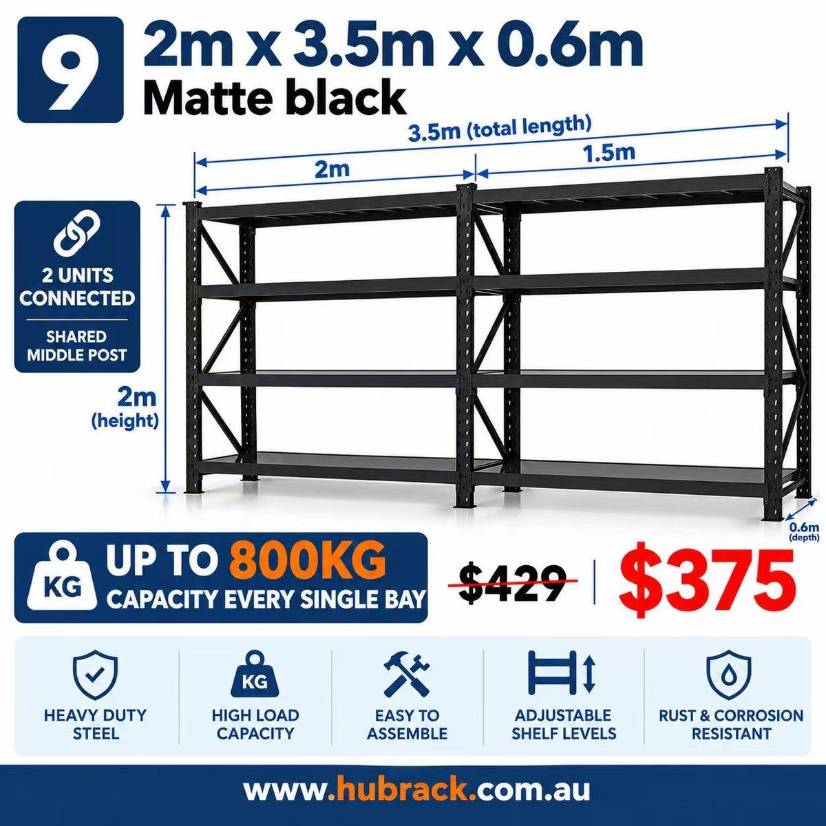 Heavy Duty Steel Shelving Set | Approx. 3.5m | Joined 2m + 1.5m Bays