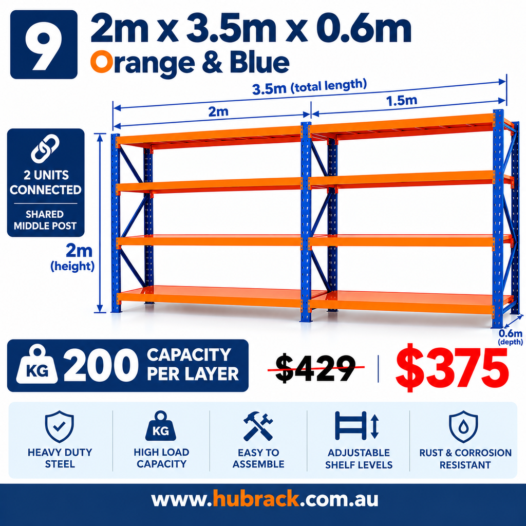 Heavy Duty Steel Shelving Set | Approx. 3.5m | Joined 2m + 1.5m Bays