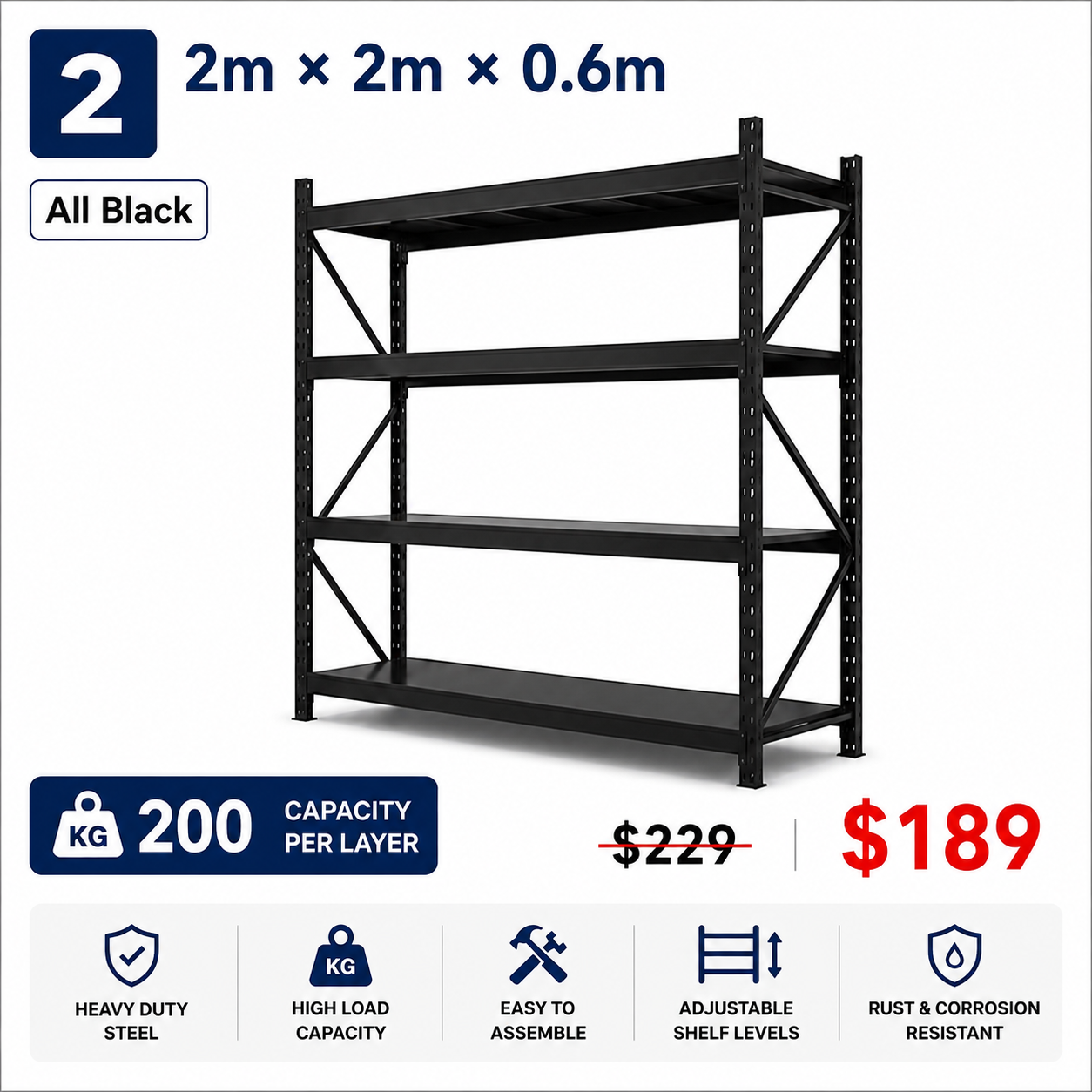 Heavy Duty 4-Tier Storage Rack | 800kg Capacity | 2m×2m×0.6m | Commercial & Home Use | Matte Black