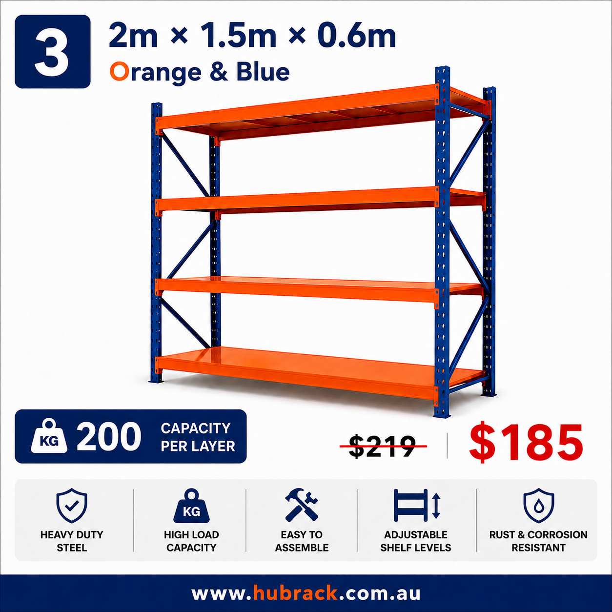 Heavy Duty 4-Tier Metal Storage Shelves | 800kg Capacity | 1.5m×2m×0.6m | Workshop & Garage | Orange & Blue