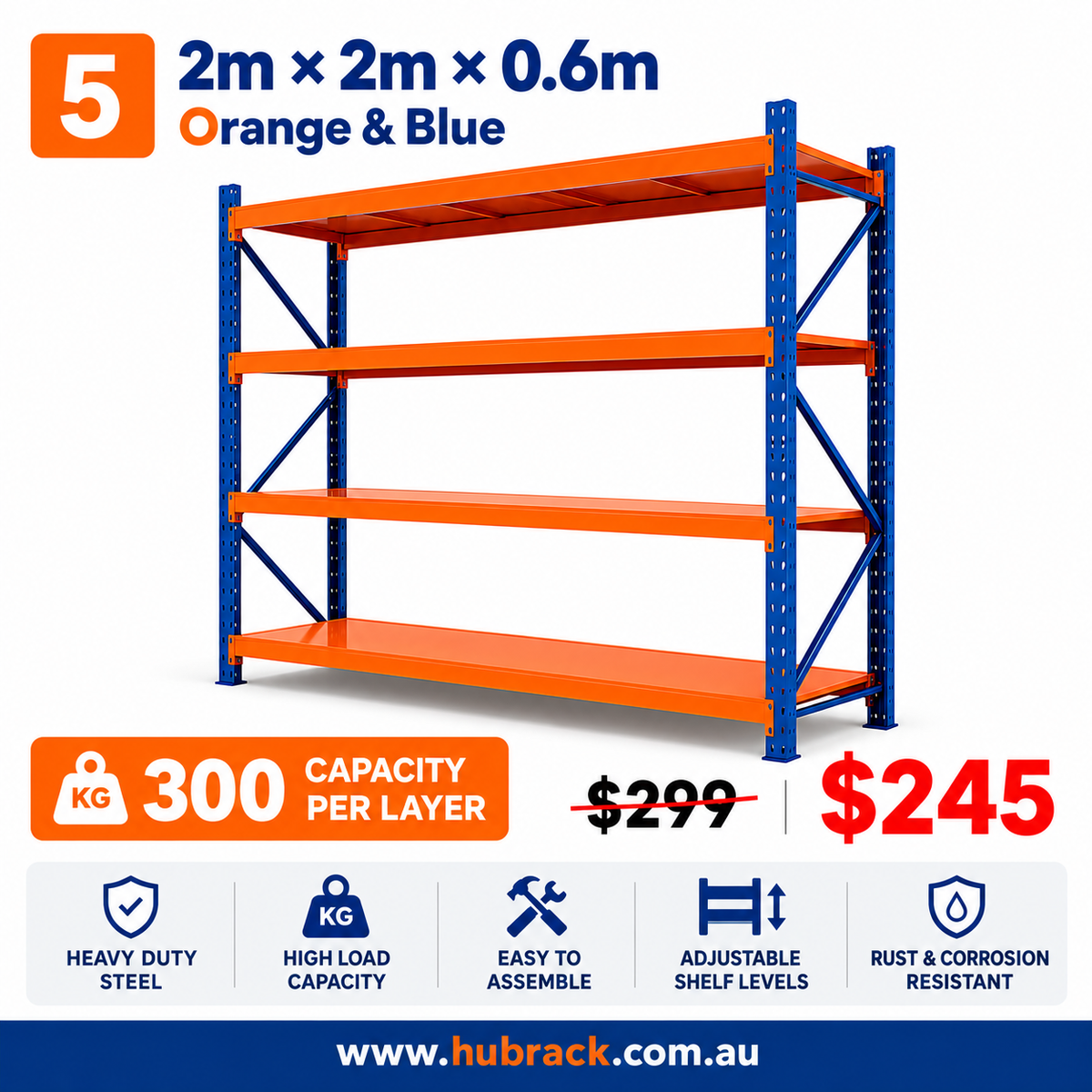 Heavy Duty 4-Tier Industrial Warehouse Shelving | 300kg UDL Per Layer | 1200kg Capacity | 2m×2m×0.6m