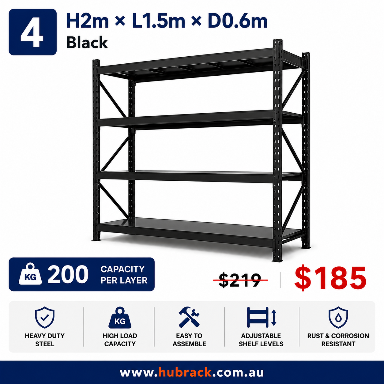 Heavy Duty Steel Garage Rack | 800kg Capacity | 4-Tier Shelving | 1.5m×2m×0.6m | Matte Black