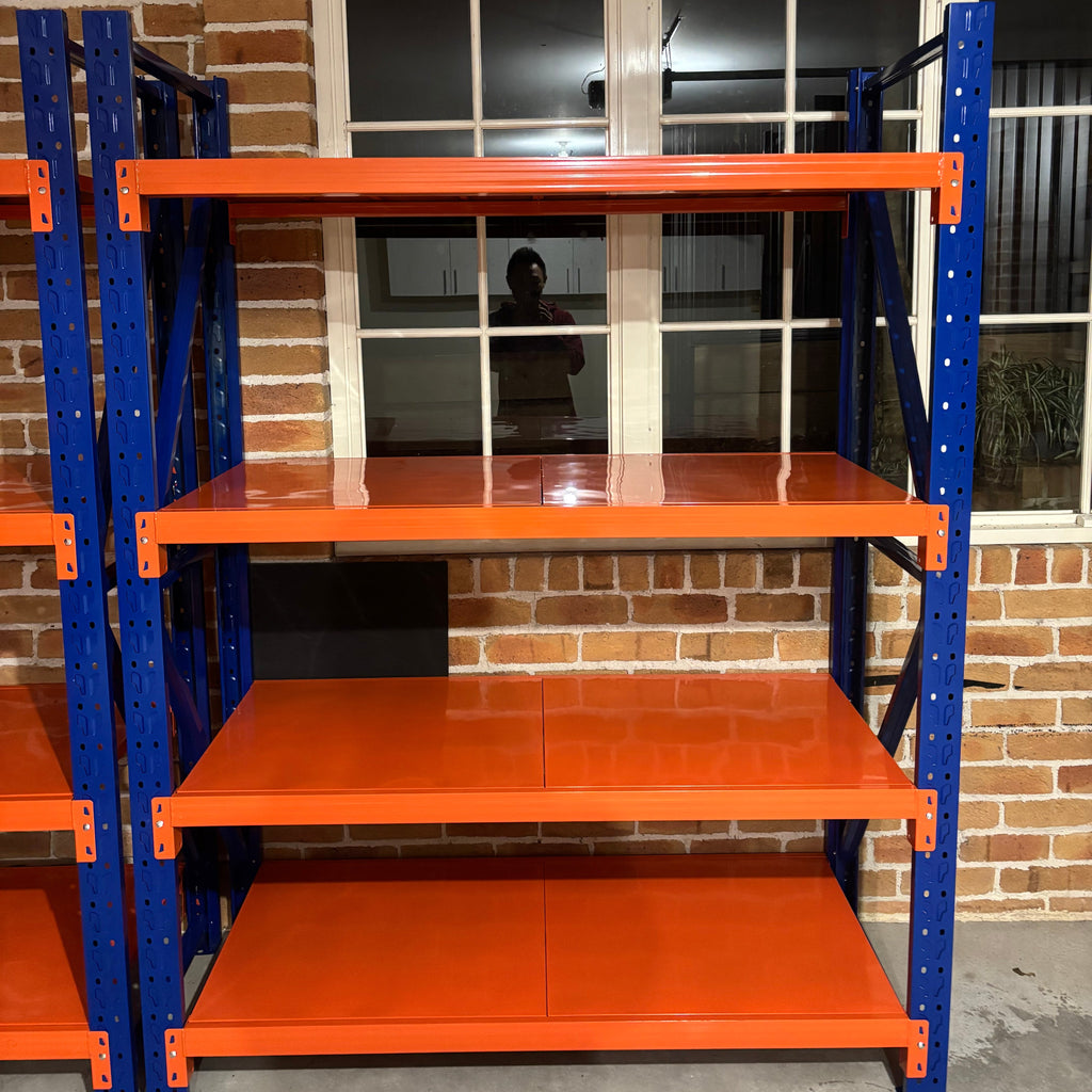 Heavy Duty Garage Shelf Orange & Blue installed in garage