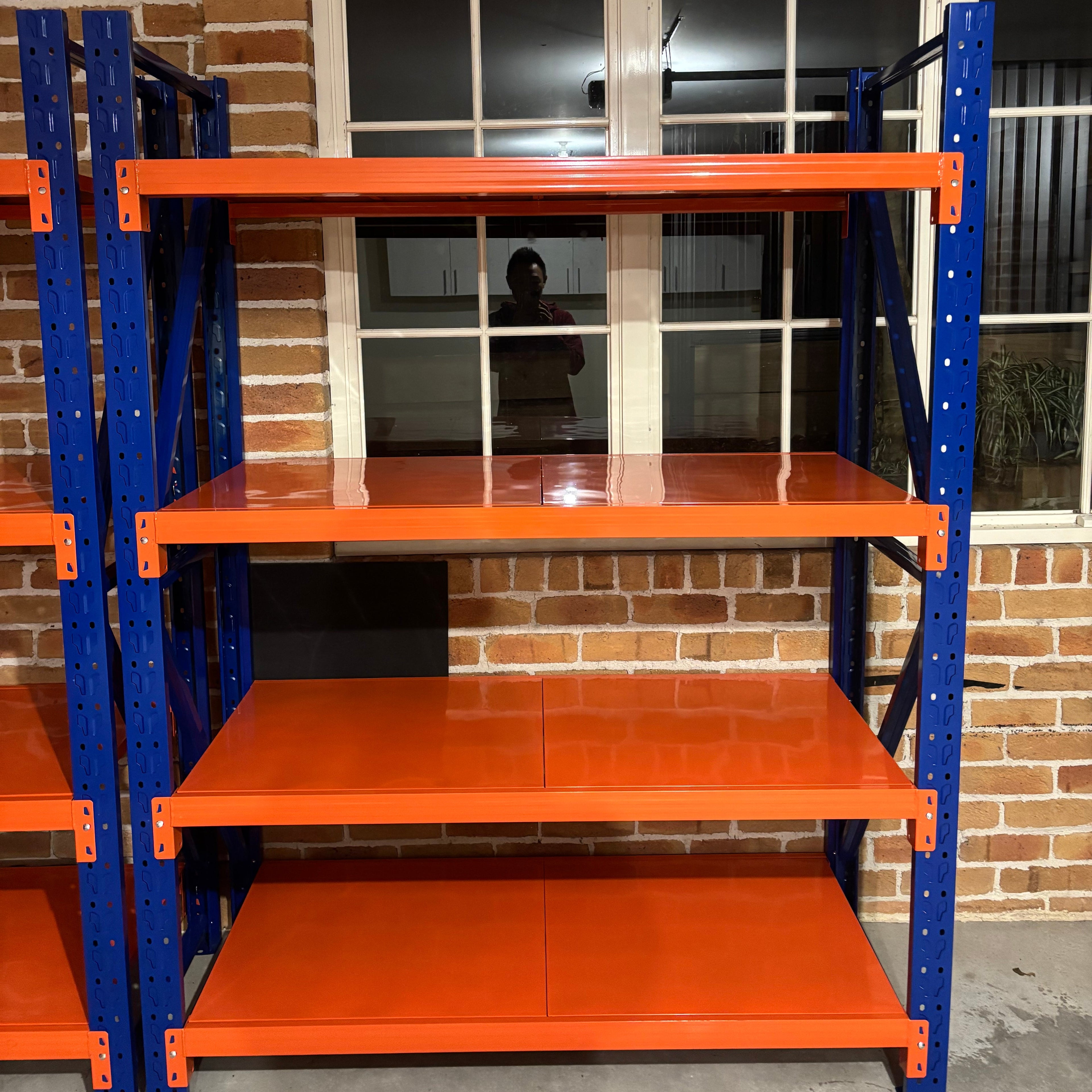 Heavy Duty Garage Shelf Orange & Blue installed in garage
