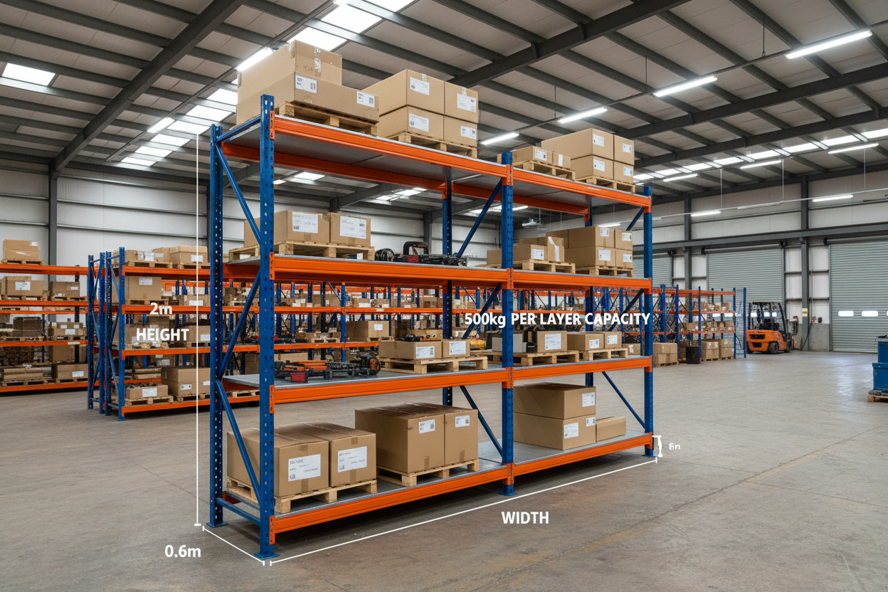 Heavy duty orange blue garage shelf 4-tier warehouse scene 2m x 2m x 0.6m 500kg per layer
