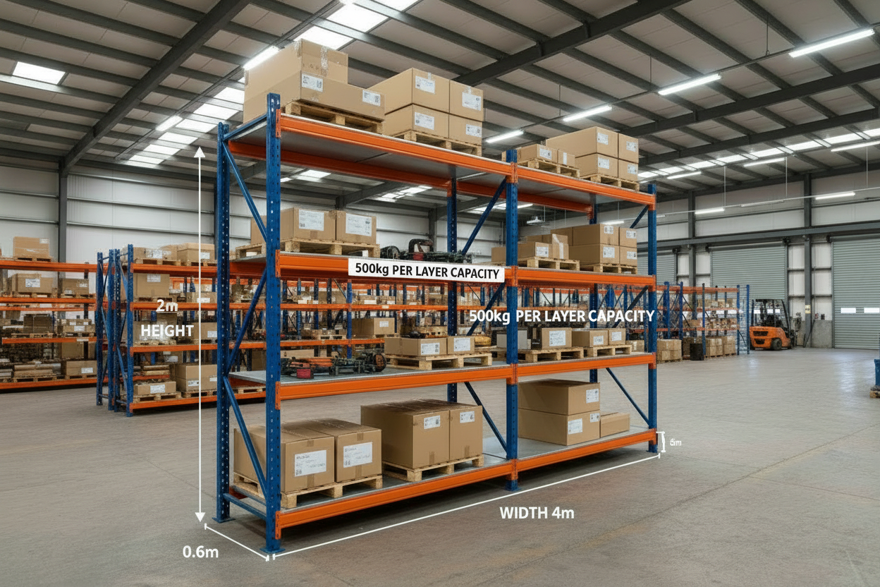 Longspan Heavy Duty Garage shelf 2m x 4m x 0.6m 500kg per layer warehouse scene with dimension labels