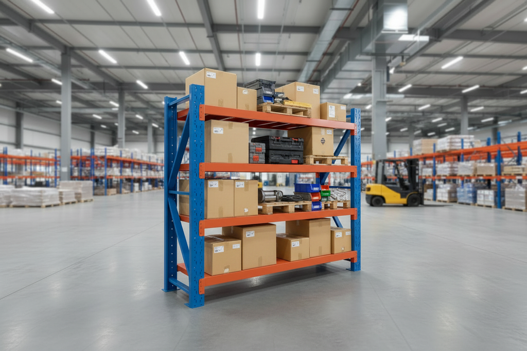 Premium Heavy Duty Industrial Pallet Rack 4-Tier blue and orange loaded with boxes in warehouse setting