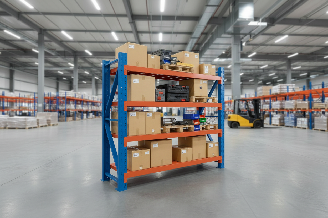Premium Heavy Duty Industrial Pallet Rack 4-Tier blue and orange loaded with boxes in warehouse setting