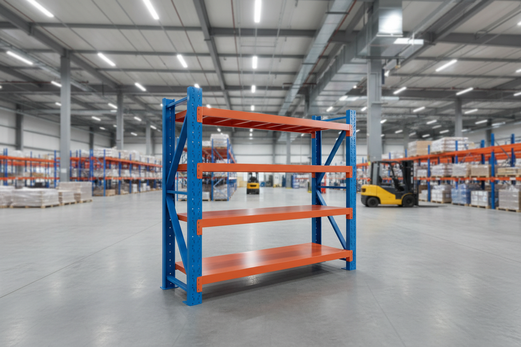 Premium Heavy Duty Industrial Pallet Rack 4-Tier blue and orange in warehouse setting