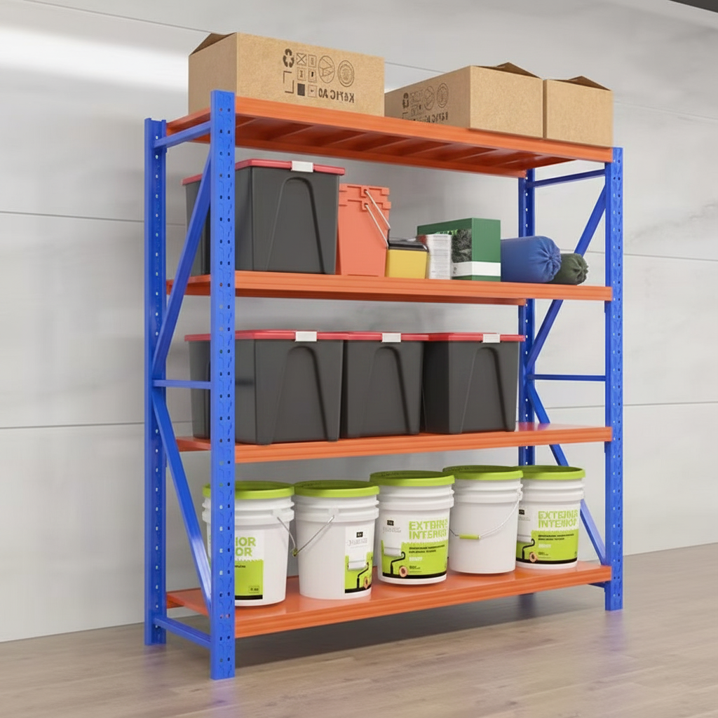 Orange and blue shelving unit in garage